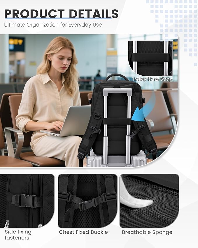 suwasp Vacuum Backpack Travel with Pump, Travel Backpack for Women Men, Vacuum Compression Bags with Laptop Compartment/Shoe Compartment, Personal Item Carry On Backpacks Flight Approved, Black
