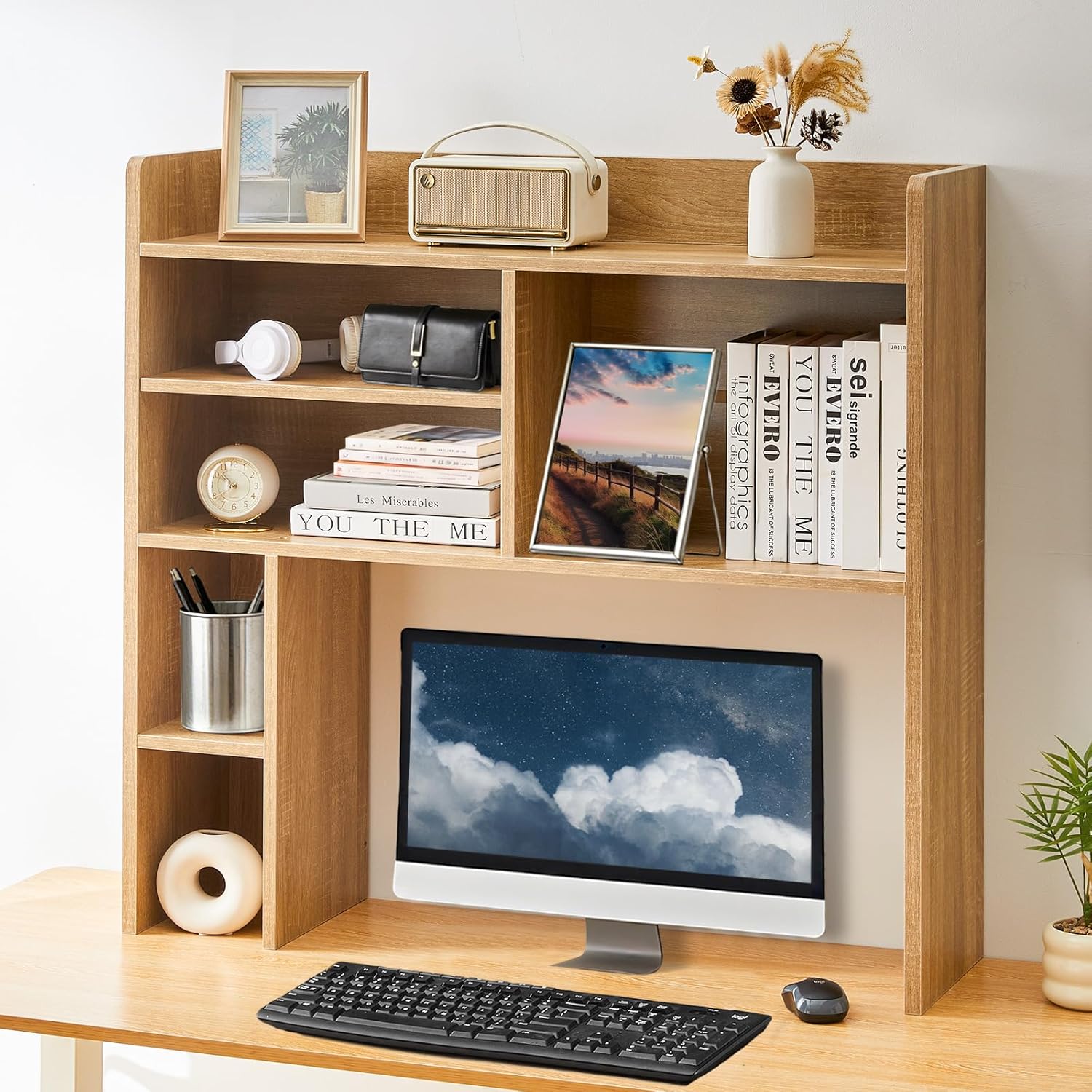 Desktop Bookshelf, Wooden Desk Hutch with 7 Shelves, 35.4" 3-Tier Desk Organizer and Storage Shelf for College Dorm Office Home (White)