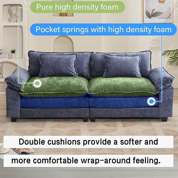 86" Modular Sectional Sofa, Comfy Cloud Couch Sectional Sofa, Chenille Sofa Sleeper Deep Seat Sofa with Throw Pillows for Living Room (Blue, 86"- Loveseat)