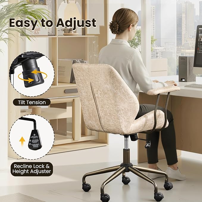 Home Office Desk Chair, Mid-Century Modern Office Chair with Adjustable Lumbar Support, Adjustable Height Executive Task Chair with 360 Rolling Swivel for Meeting Study Room(Mid Back, Beige)