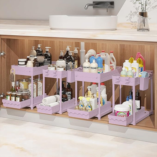 Under Sink Organizer, Bathroom Organizers and Storage, 2 Tier Multi-Use Pull Out Cabinet Organizer with Hang Hooks and Cups (Pink, 4 Pack)