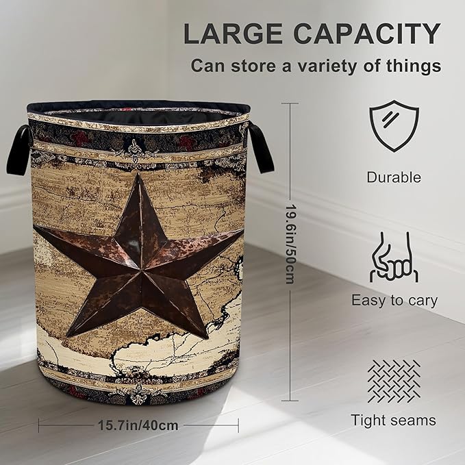 Western Texas Star Laundry Basket Foldable Oxford Cloth Tote Bag Laundry Hamper Clothes Storage Bucket Organizer For Bathroom/Laundry Storage/Bedroom 19.6x15.7 Inch