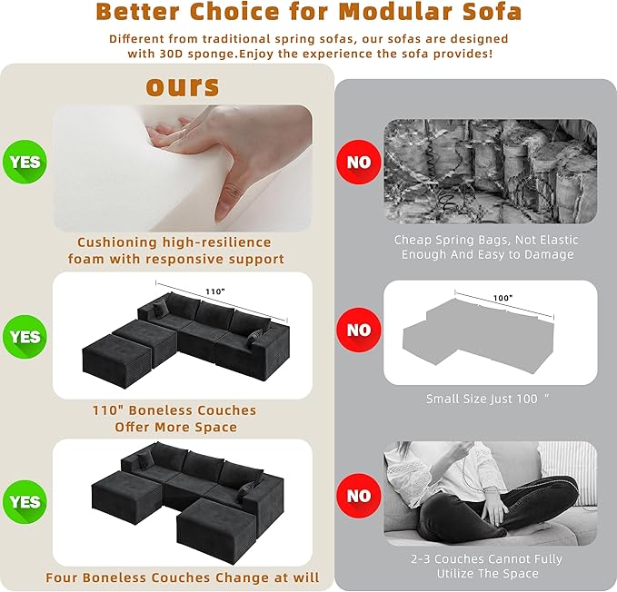 110" Cloud Couch Sectional for Living Room U-Shape Boneless Couches Modular Sectional Sofa with Deep Seat with Chaise,No Assembly Required, Carbon Black(Plush Corduroy Fabric)