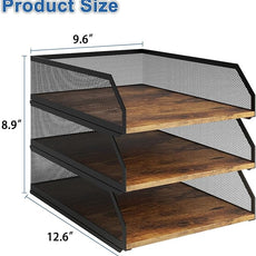 Natwind 3-Tier Stackable Paper Tray, Metal Mesh Desktop Organizer, Wood Board Paper Sorter, Letter Trays,File Document Storage Rack for for Home, Office, School (Retro)