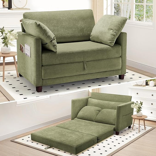 51" Convertible Loveseat Sofa Bed, 2 in1 Folding Sofa Bed, Loveseat Sleeper Sofa for Small Spaces, Fold Out Floor Couch with 2 Pillows for Apartment, Living Room & Guest Room, Green Chenille Fabric