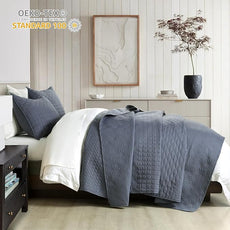 HORIMOTE HOME Steel Blue Queen Size Quilt Set - Soft Microfiber Bedspread with 2 Shams, Lightweight & All-Season Geometric Coverlet for Cozy Bedding