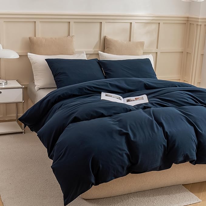 ECOCOTT Navy Blue Duvet Cover Queen Size, 100% Washed Cotton 3 Piece Bedding Set 1 Duvet Cover with Zipper and 2 Pillowcases, Ultra Soft and Easy Care Breathable Duvet Cover(Navy Blue, Queen)