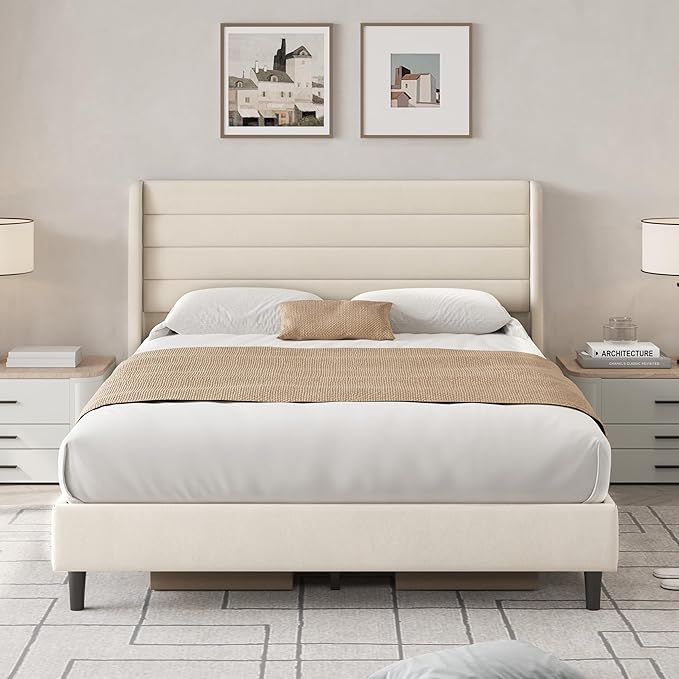 Queen Bed Frame with Upholstered Headboard, Velvet Platform Bedframe Mattress Foundation, Strong Wood Slat Support, No Box Spring Needed, Easy Assembly, Pale Beige