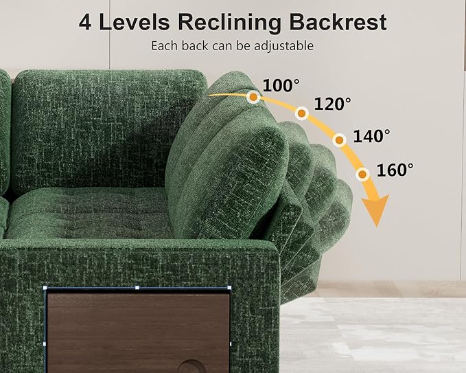 WEUP 8 Seat U Shaped Sectional Sleeper Sofa Bed with Pull Out Bed, Chenille Sectional Sleeper Couch with Adjustable Backrest, USB Ports, LED, Side Table, Tool-Free Assembly, Chenille Green