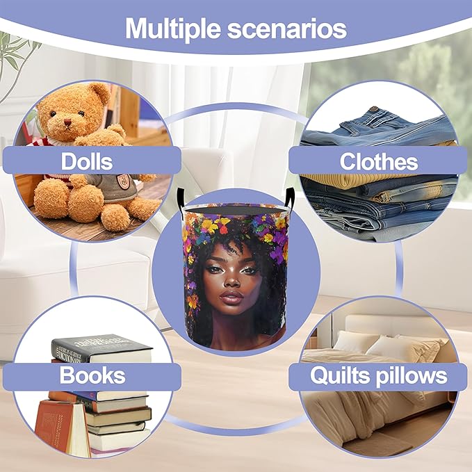 Laundry Basket-Black Girl Foldable Waterproof Oxford Cloth Funny Tote Bag Laundry Hamper Clothes Storage Bucket Organizer For Bathroom/Laundry Storage/Bedroom Storage Basket