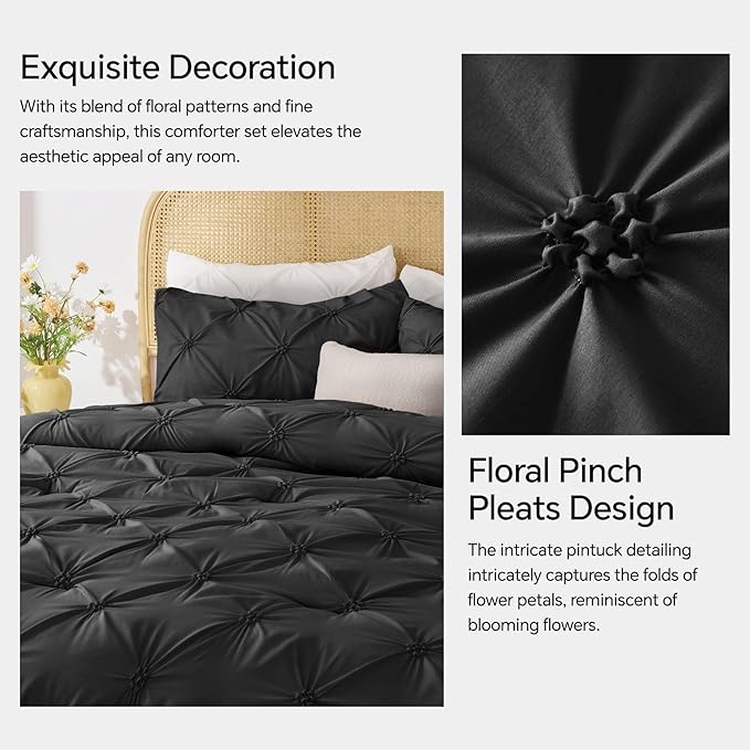 BEDELITE Black Twin Comforter Set - 2 Peices Boho Pintuck Bedding Comforter Sets, Lightweight Soft & Warm Twin Bedding Sets with 1 Pillowcase for All Season