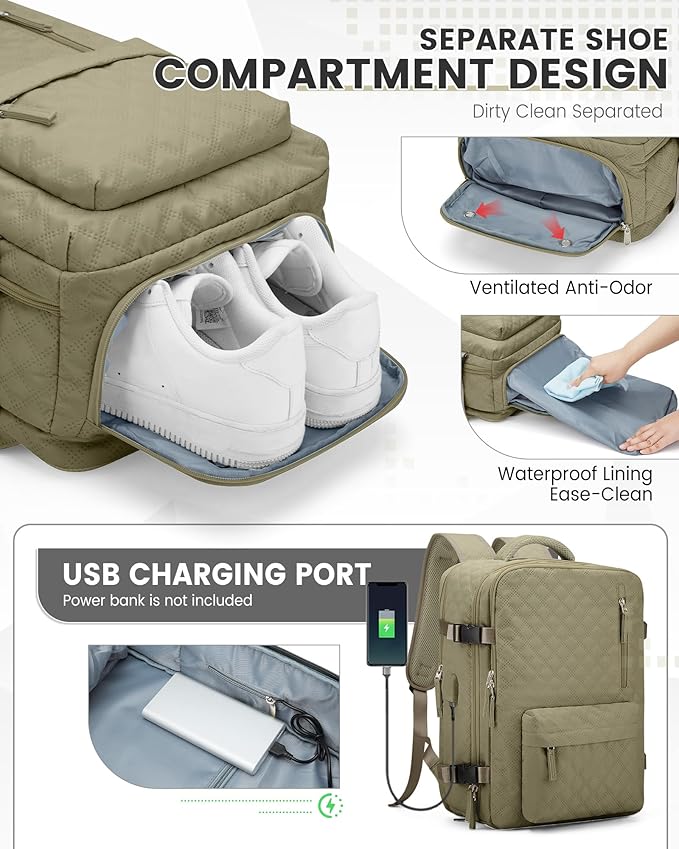 suwasp Vacuum Backpack Travel with Pump, Travel Backpack for Women Men, Vacuum Compression Bags with Laptop Compartment/Shoe Compartment, Personal Item Carry On Backpacks Flight Approved, Khaki