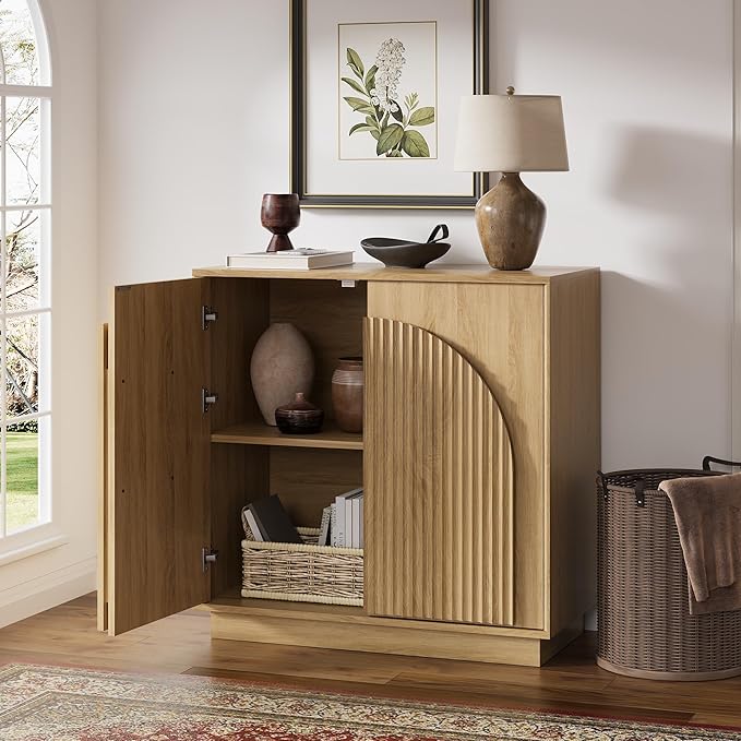 win2win Fluted Sideboard Buffet Cabinet with Storage, 31.5" Modern Boho Accent Cabinet with Double-Layered Arch Doors, Small Wood Console Credenza for Living Room, Dining Room, Entryway, Hallway, Oak