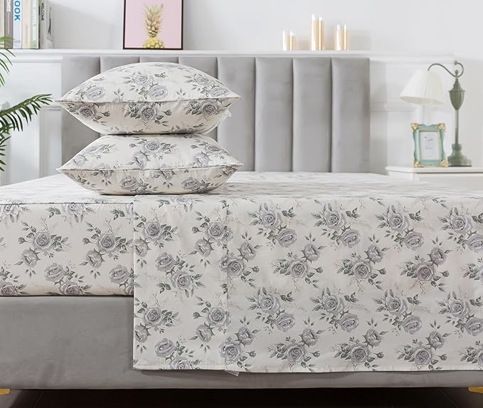 FADFAY Rose Sheets Set King Rustic Peony Floral Bedding Botanical Leaves Sheets Vintage Farmhouse Bedding 100% Cotton Ultra Soft Breathable Collection with Deep Pocket Fitted Sheet 4Pcs, King Size