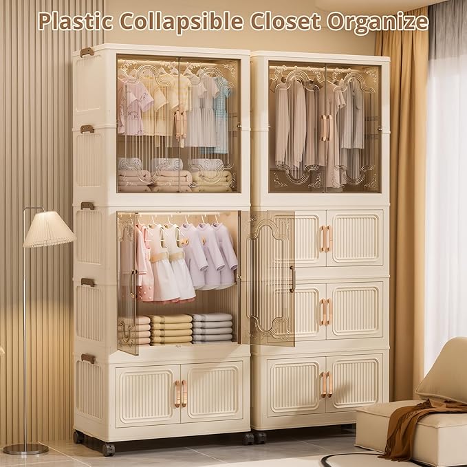 Collapsible Foldable Stackable Storage Bins with Lids on Wheels, Heavy Duty Extra Large Plastic Wardrobe Closet Organizer Cube, Rolling Clothes Storage Container for Sweaters Blanket One Clear Cabinet