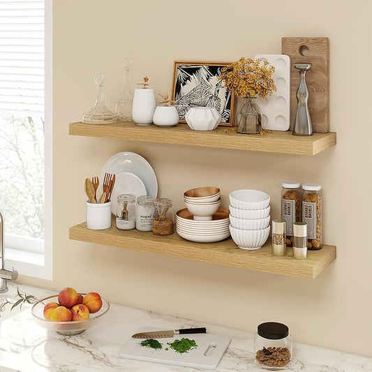 36 Inch Floating Shelves, 9.3" Deep Floating Shelf Wall Mounted, 36" Wall Shelves, Rustic Deep Bookshelf, Large Display Shelves & Storage Shelves for Bedroom, Living Room, Oak, Set of 2