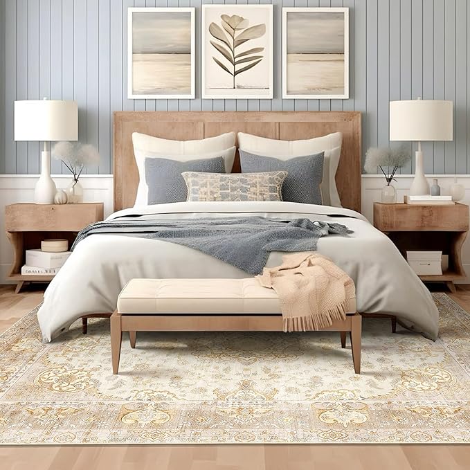 Beige Rug 6'x9' Area Rugs,Boho Washable Rug for Living Room Bedroom Dining Room,Large Vintage Bohemian Distressed Oriental Carpet Non Slip,Retro Gold Floral