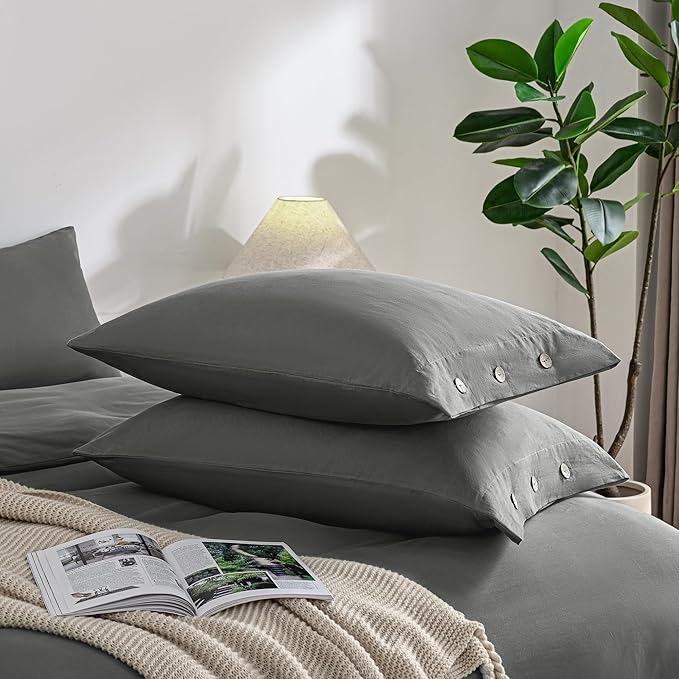 JELLYMONI Pillowcase Body Cotton 1pc Button Grey Pillow Case 20×54in 100% Washed Cotton Soft Breathable Pillow Covers(Pillows are not Included)