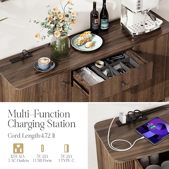 59" Sideboard Buffet Cabinet with Storage, Modern Fluted Accent Credenza with Charging Station, Wood Mid Century Buffet Table Coffee Bar Console Table with 3 Drawers & 2 Doors for Kitchen, Entryway