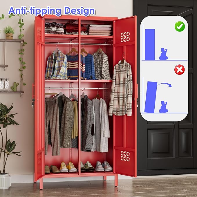 Aobabo Metal Wardrobe Cabinets with Lock, 2 Door Metal Closet with 4 Adjustable Shelves and 2 Hannging Rod, Lockable Locker Cabinet, Storage Locker for Home, Office,Red, Assembly Required