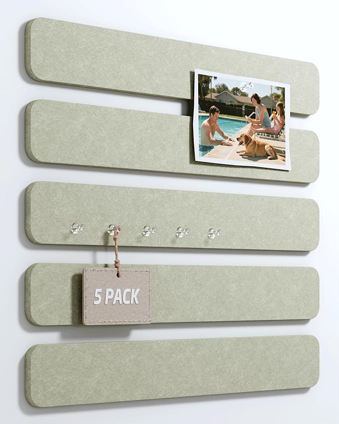 Cork Board Alternative Felt Strip Board 5-Pack 13"x2", Office Pin Board with 35 Push Pins, Adhesive Install for Bedroom Door & Home Office(Sage)