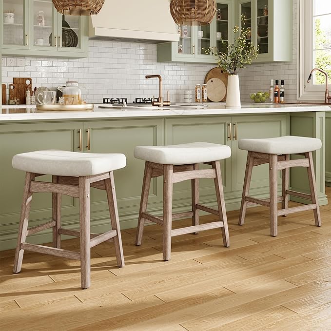 MAISON ARTS Counter Height Bar Stools Set of 4 for Kitchen Counter Solid Wood Legs with Fabric Saddle Seat Farmhouse Barstools for 34"-38" Counter Island Upholstered Stools, 24in, Creamy White