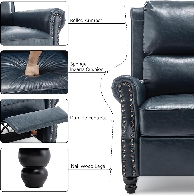 Faux Leather Recliner Chair, Modern Pushback Armchair with Adjustable Backrest & Footrest for Bedroom, Living Room,Dark Blue,1 SEAT
