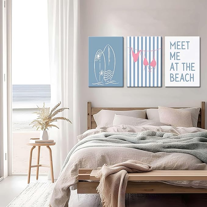 Trendy Coastal Beach Canvas Wall Art Set of 3, Blue Preppy Bikini Surfing Wall Decor Paintings, Summer Shells Meet Me at the Beach Posters Prints Pictures for Girly Dorm Bathroom 12x16 Inch Framed