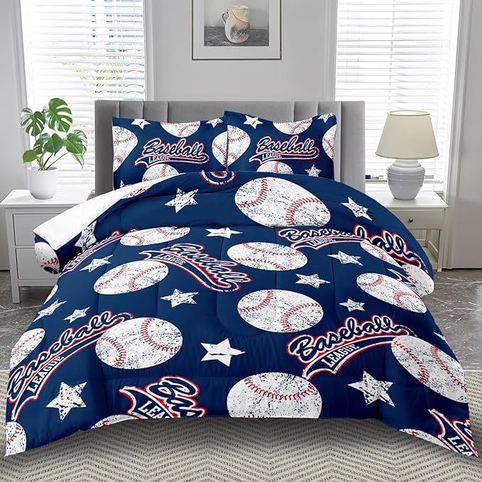 Baseball Comforter Set King,Sports Bedding Sets for Boys,Blue Sports Comforter King Bedroom Decor,Baseball Bedding Teen for All Seasons,Blue Quilt Kids Bedroom Decor