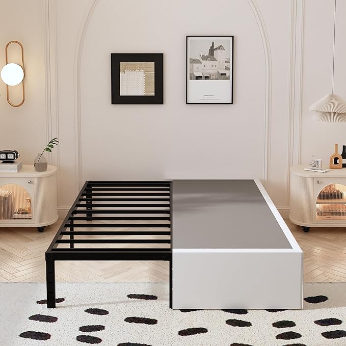 Bed Frame Queen Size with White Fabric Cover 14 Inch, Heavy Duty Metal Queen Bed Frame, No Box Spring Needed, Support Up to 3000 lbs, Easy Assembly, Noise Free, Black