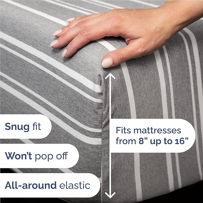 Full 6 Piece Sheet Set - Cooling & Breathable Bed Sheets - Hotel Luxury Bed Sheets for Women, Men, Kids & Teens - Bedding w/Deep Pockets & Easy Fit - Soft & Wrinkle Free - Full Grey Stripes Sheets