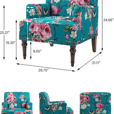 Accent Chair, Mid Century Modern Comfy Armchair for Living Room, Linen Fabric Single Sofa Lounge for Reading Bedroom Apartment Waiting Room with Wood Legs (Floral, Set of 2)