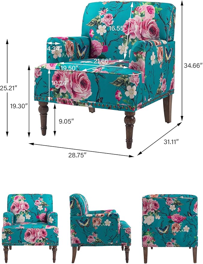 Accent Chair, Mid Century Modern Comfy Armchair for Living Room, Linen Fabric Single Sofa Lounge for Reading Bedroom Apartment Waiting Room with Wood Legs (Floral, Set of 2)