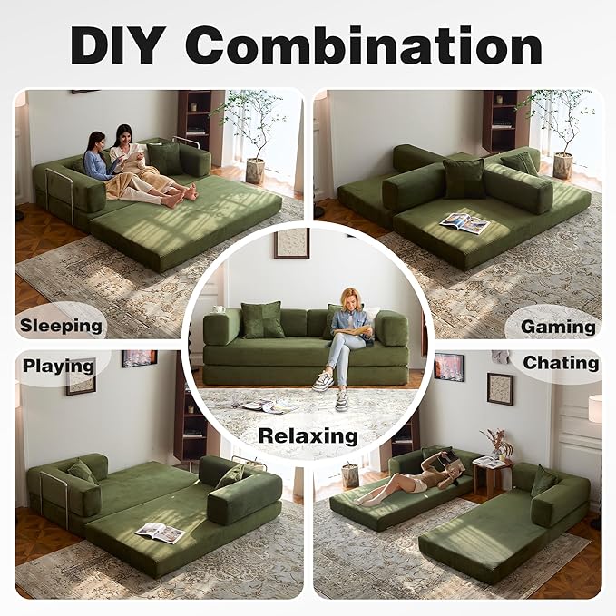 78.8" Convertible Sofa Bed - Compression Sofa with Corduroy Fabric - with Armrests and Backrest - Modular Sectional for Living Room, Bedroom, Studio - Compression Sofa in Box (Green)