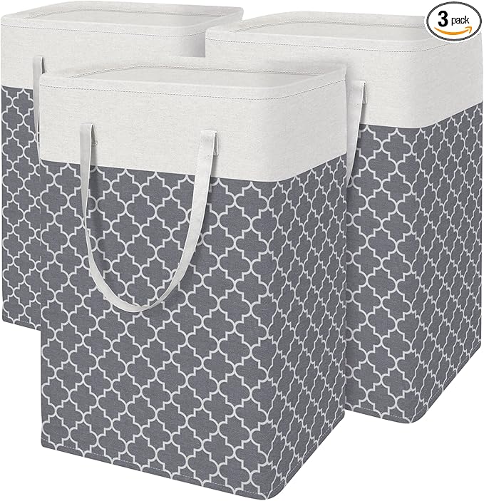 BlissTotes 3-Pack Laundry Basket, Freestanding＆Waterproof Laundry Hamper, Collapsible Tall Clothes Hamper with Easy Carry Handles for Clothes, Towels in the Family and Dorm,Clover Grey,75L