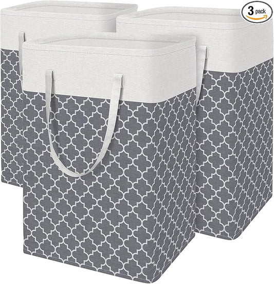 BlissTotes 3-Pack Laundry Basket, Freestanding＆Waterproof Laundry Hamper, Collapsible Tall Clothes Hamper with Easy Carry Handles for Clothes, Towels in the Family and Dorm,Clover Grey,75L