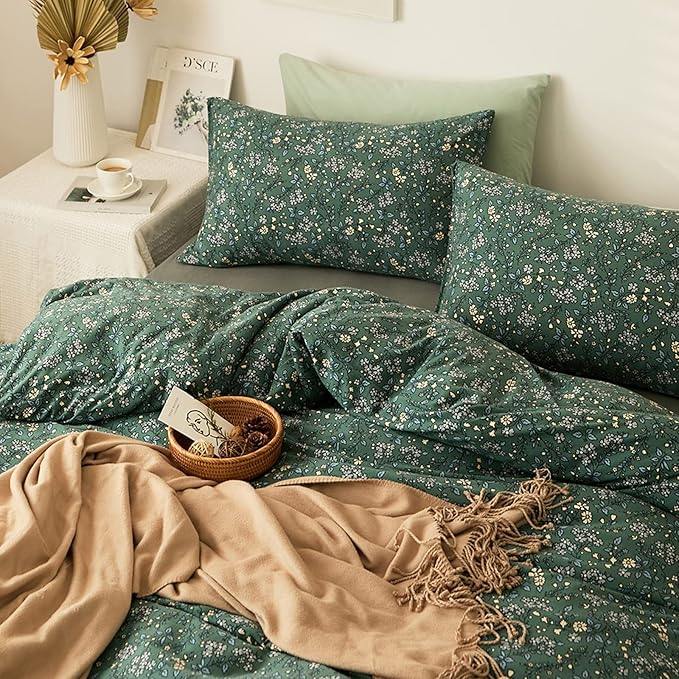 HighBuy Jersey Knit Cotton Duvet Cover King Green Floral 100% T-Shirt Cotton Comfy Bedding Sets Super Soft Garden Chic Comforter Cover King Size