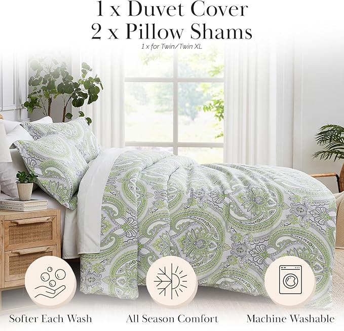 Southshore Fine Living, Inc. Paisley Duvet Cover Queen Size Boho Set, 1 Patterned Duvet Cover, 2 Pillow Shams, Full Size/Queen Size Bedding, Machine Washable, Full/Queen, Pure Melody Green