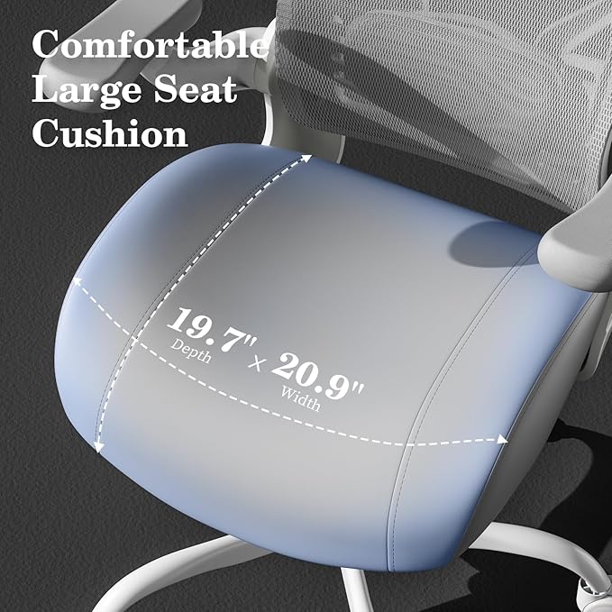 GYI Office Chair Ergonomic, Computer Desk Chair with Memory Foam Seat, Technical Mesh Back, 3D Flip-up Arms, Adjustable Lumbar Support&Height, Wheels for Home or Office, Grey&White