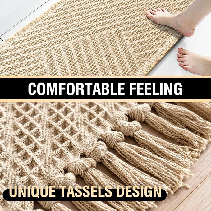 H.VERSAILTEX Waffle Bath Mat Super Absorbent Boho Bath Mat Non Slip Bath Rugs for Bathroom Floor Machine Washable Dry Fast Bathroom Rugs with Tassels (17 x 24 Plus 17 x 24 Inches, Sand)