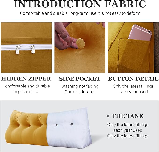 14 lbs Thickened King Headboard Pillow for Sitting Up in Bed, Back Support Reading Pillow with Side Pocket and Velvet Removable Cover, Triangular Large Wedge Headboard Pillow