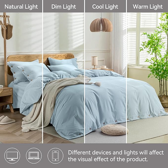 JELLYMONI Cotton Duvet Cover King Size - Light Blue Comforter Cover with Button 100% Washed Cotton 3PCS Breathable Soft Solid Bedding Set Duvet Cover 104×90in & 2 Pillowcases (NO Comforter)