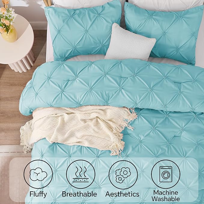 BEDELITE Macaron Blue Queen Comforter Set - 3 Pieces Boho Pintuck Bedding Comforter Sets, Lightweight Soft & Warm Bed Comforter Queen with 2 Pillowcases for All Season