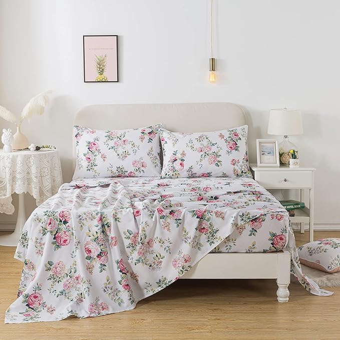 FADFAY Sheets Set Twin Pink Rose Floral Bedding Shabby Peony Flower Bed Sheet Set Vintage Farmhouse Bedding 100% Cotton Ultra Soft Breathable Set with Deep Pocket Fitted Sheet 4Pcs, Twin Size