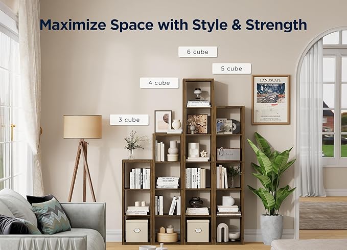 6 Cube Storage Organizer Single Row, Cube Shelf with Heavy-Duty Thick Boards, 13.31" L x 9.37" W x 72.36" H, Smooth Easy-Clean Panels, Simple Assembly, for Living Room Bedroom Office, Brown