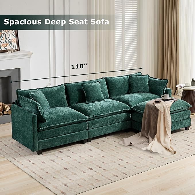 SoarFlash Chenille 77.95" Sectional Sofa, Comfy L Shaped Modular Coush Sofa with Ottoman, Modern 2 Seat Couch Deep Seat Sofa Set for Living Room,Green