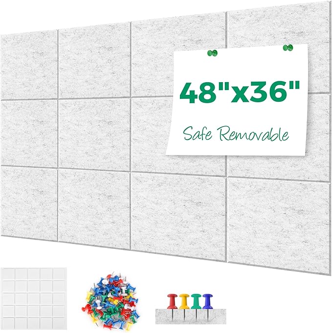 Large Cork Board Alternative - 11.8"x11.8"x0.35" 12 Pack Felt Wall Tiles Self-Adhesive Safe Removable Large Corkboard Bulletin Board Felt Cork Board for Walls Cork Board for Office 48 x 36-White Grey