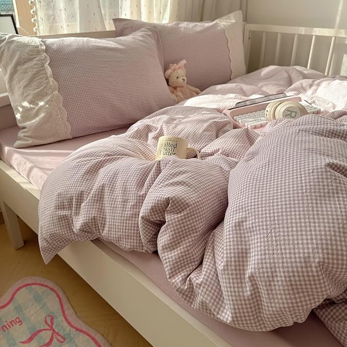 mixinni Purple White Gingham Duvet Cover Twin Size - 3 Piece Cottagecore Plaid Bedding Set with Lace Trim, Soft Washed Microfiber Vintage Aesthetic Grid Comforter Cover & Pillow Shams
