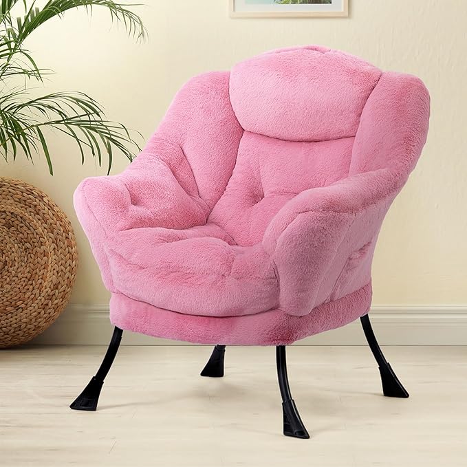 HollyHOME Lazy Chair with Foldable Ottoman, Accent Comfy Lounge Armchair and Folding Footrest Stool, Leisure Sofa Reading Chair and Footstool for Living Room, Bedroom, Dorm,Faux Fur Pink