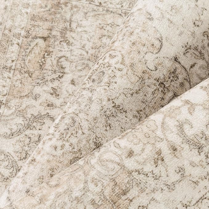 8x10 Washable Beige Area Rug Vintage Living Room Bedroom Carpet Non-Slip Soft Low Pile Distressed Indoor Large Throw Rug for Dining Room Office